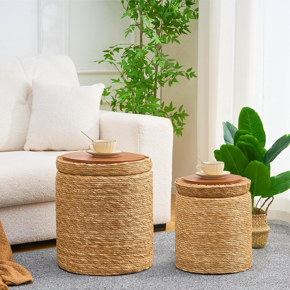 Round Storage Pouf Ottoman Hand Weaving Natural Boho Straw Footstool Pouffe |...