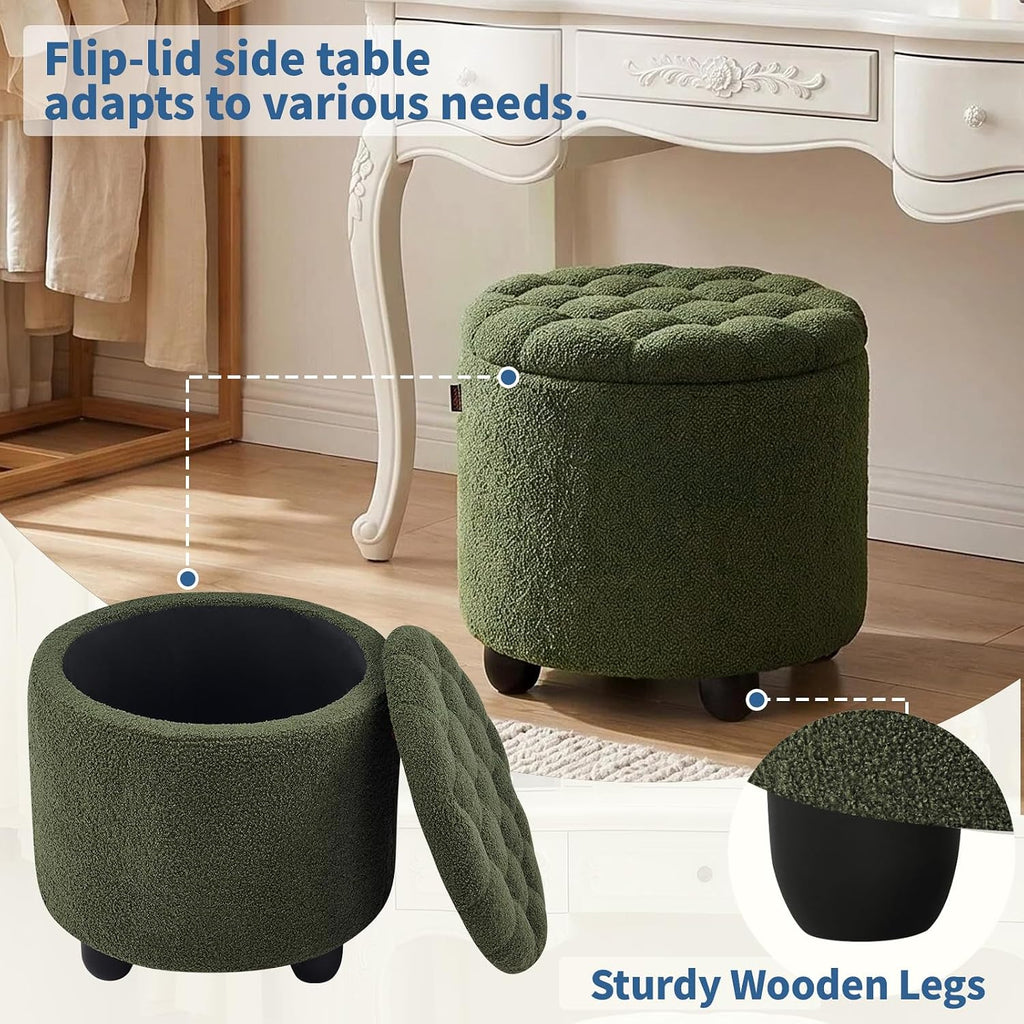 Furniliving Modern Round Storage Ottoman, Upholstered Button Tufted Ottoman Footstool Ottomans with Removable Lid Storage Footstool for Living Room, Bedroom, Makeup Room, Teddy, Green