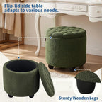 Furniliving Modern Round Storage Ottoman, Upholstered Button Tufted Ottoman Footstool Ottomans with Removable Lid Storage Footstool for Living Room, Bedroom, Makeup Room, Teddy, Green