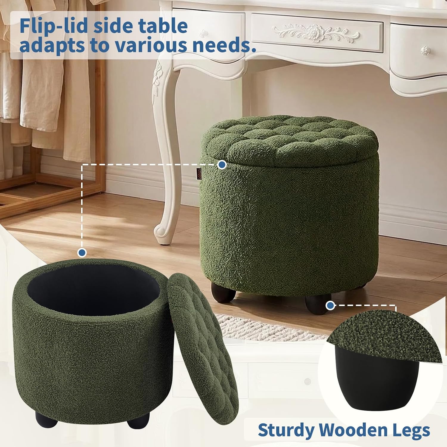 Furniliving Modern Round Storage Ottoman, Upholstered Button Tufted Ottoman Footstool Ottomans with Removable Lid Storage Footstool for Living Room, Bedroom, Makeup Room, Teddy, Green
