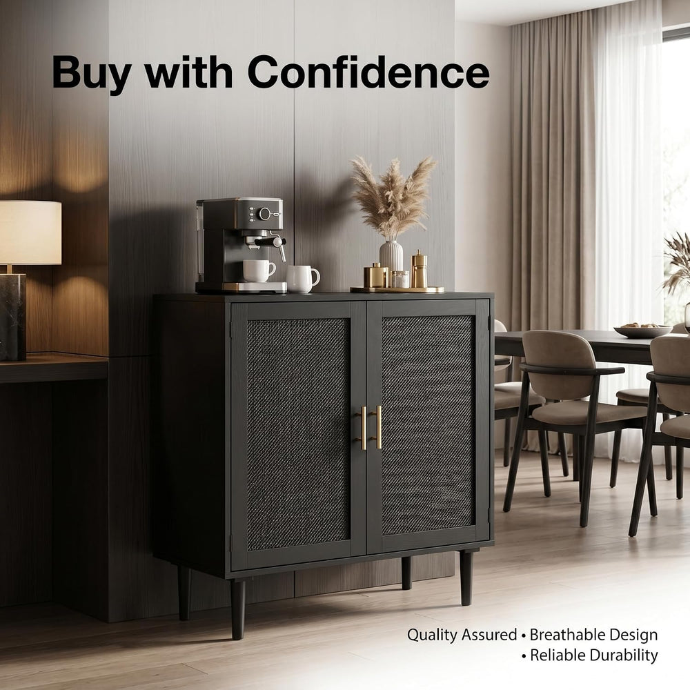 Finnhomy Sideboard Buffet Kitchen Storage Cabinet with Black Painted Rattan D...
