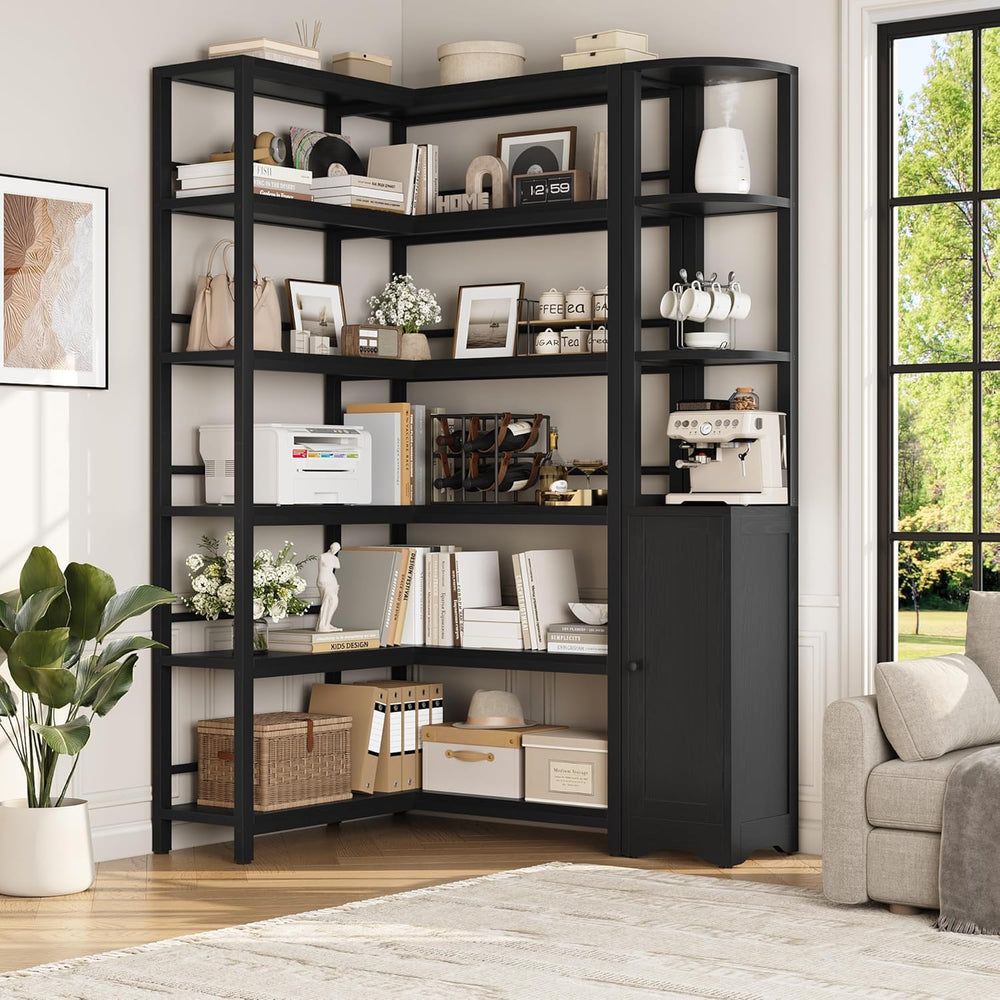 72" Tall Corner Bookshelf, 6-Tier L-Shaped Bookcase with Storage, Black
