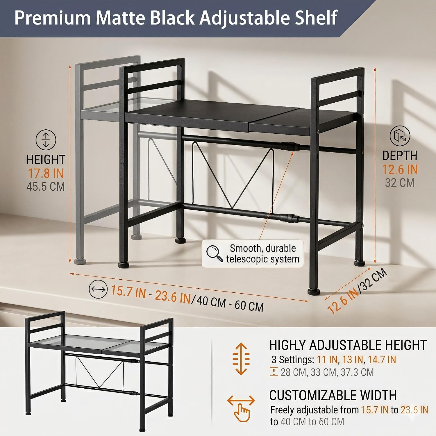 PUSDON Textured Black Microwave Oven Rack, Expandable 2-Tier Kitchen Countertop Organizer, Heavy Duty Carbon Steel Stand with 3 Hooks, Adjustable Height & Length