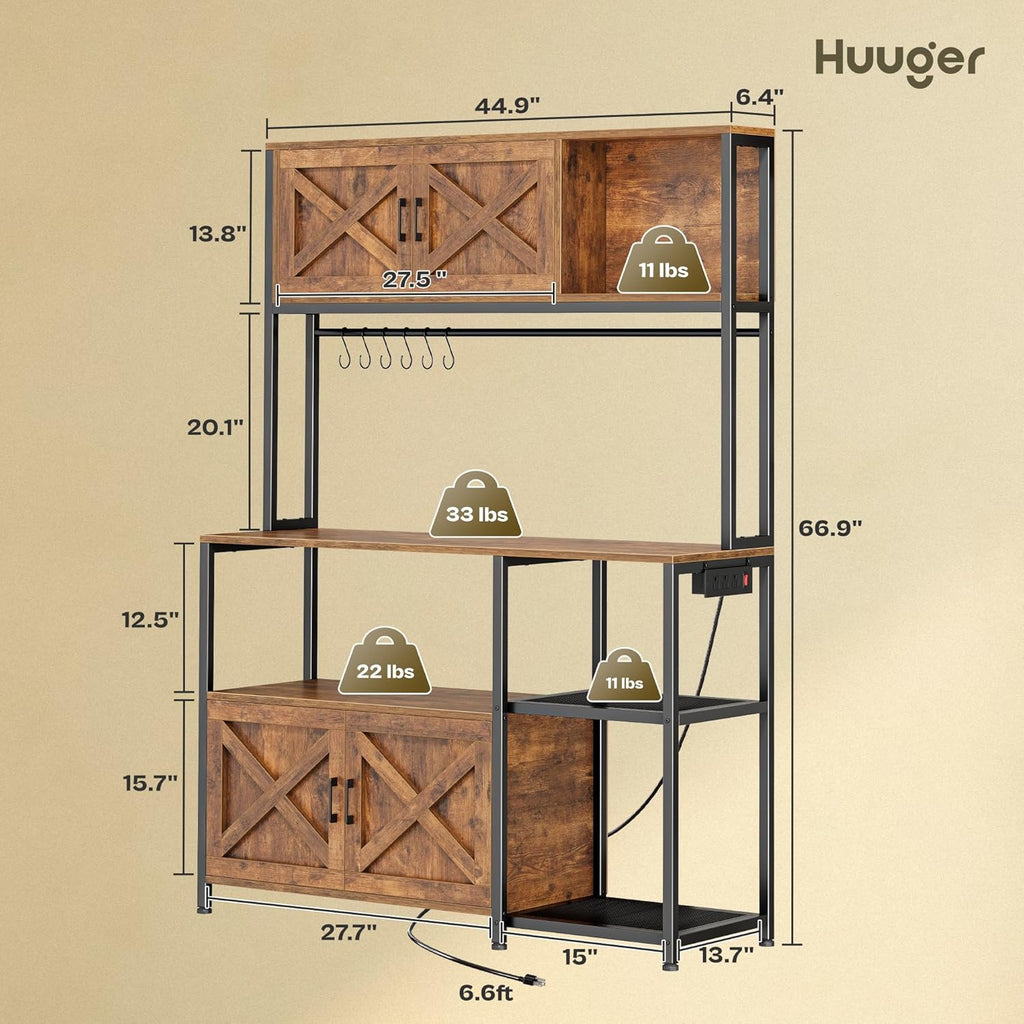 Huuger Large Bakers Rack with Power Outlet, Kitchen Microwave Stand with Cabinets, Coffee Bar Table Station with Storage, 6 S-Shaped Hooks, Mesh Shelves, 45 Inch Wooden Top, Rustic Brown