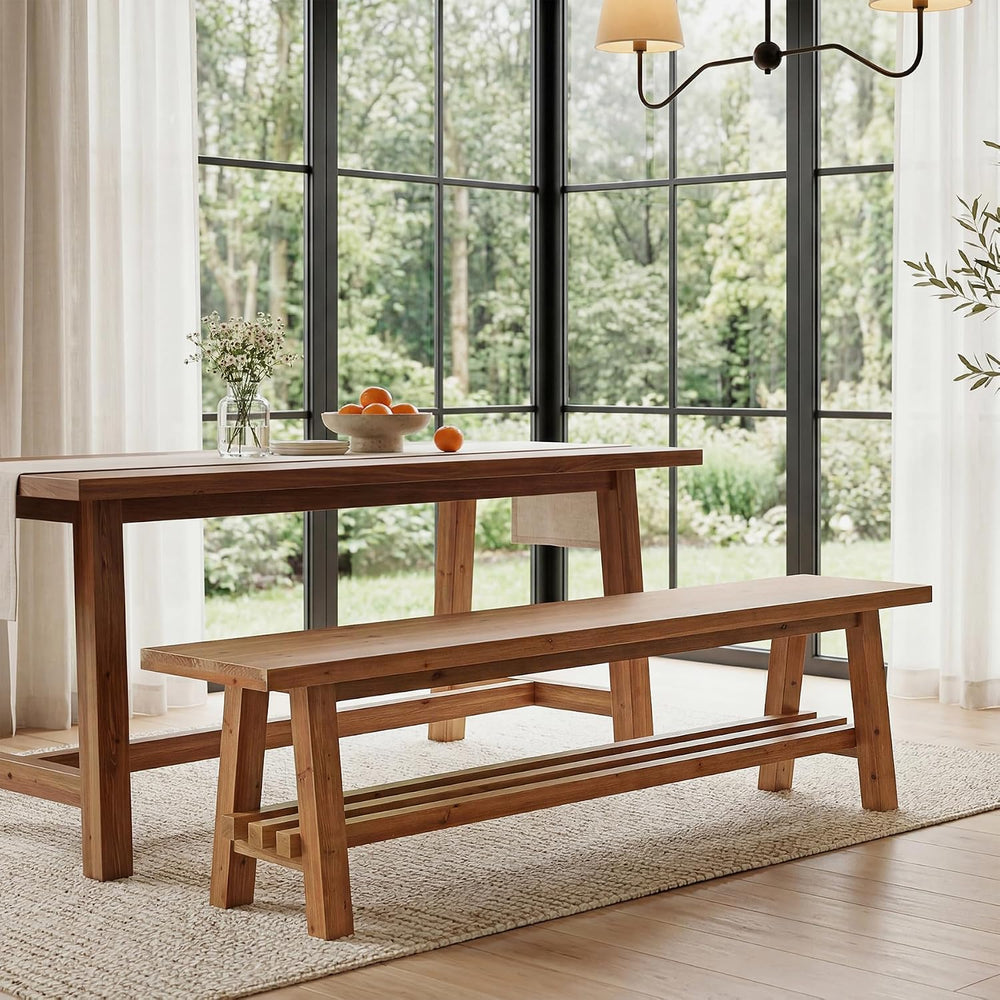 55" Farmhouse Wood Bench, 2-Tier Rustic Kitchen Dining Seat, Indoor End ...