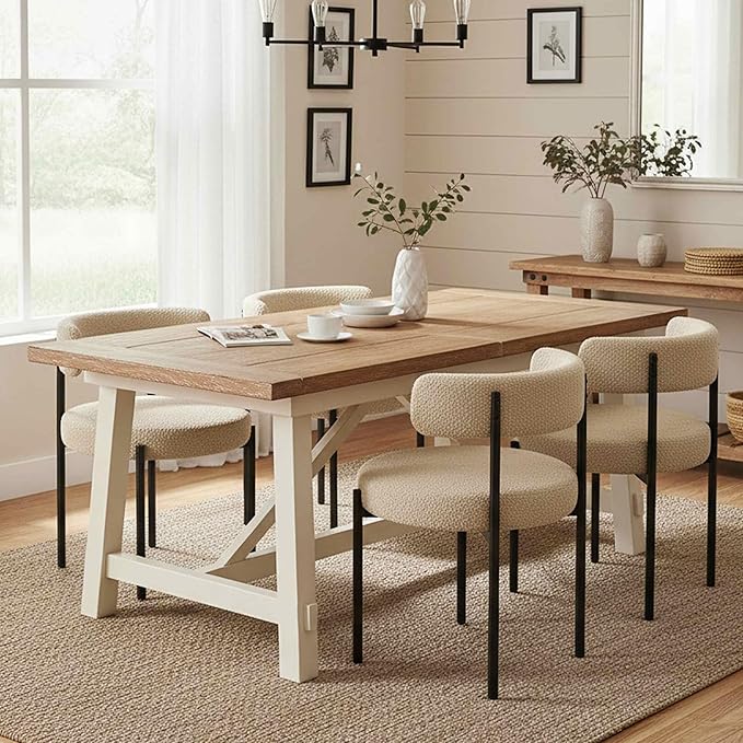 Boucle Dining Chairs Set of 6, Beige Dining Chairs with Upholstered Seat and Round Back, Mid-Century Modern Kitchen Chairs for Dining Room, Restaurant