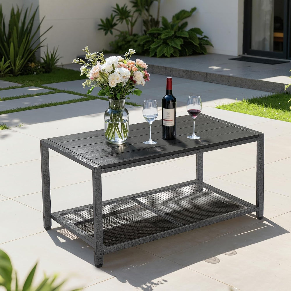 VINGLI Outdoor Coffee Table with Double-Layer Storage, Rectangle Weather-Resi...