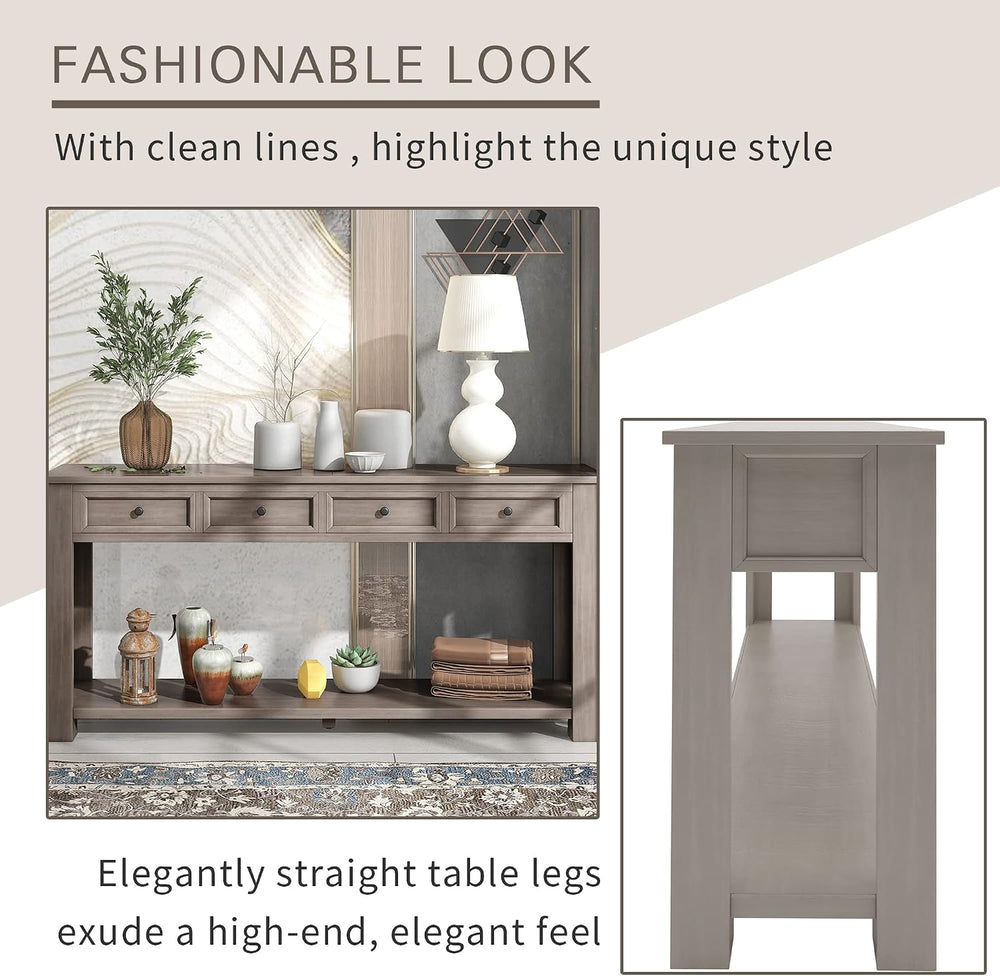 Knocbel Console Table with 4 Storage Drawers and Bottom Shelf, Rustic Distres...