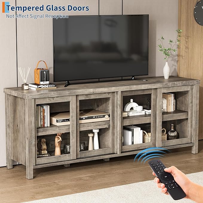 GAOMON TV Stand for 65" with Entertainment Center, Storage Cabinet, 4 Sliding Glass Doors, Mid Century Modern Media TV Console Table for Living Room Bedroom, Grey
