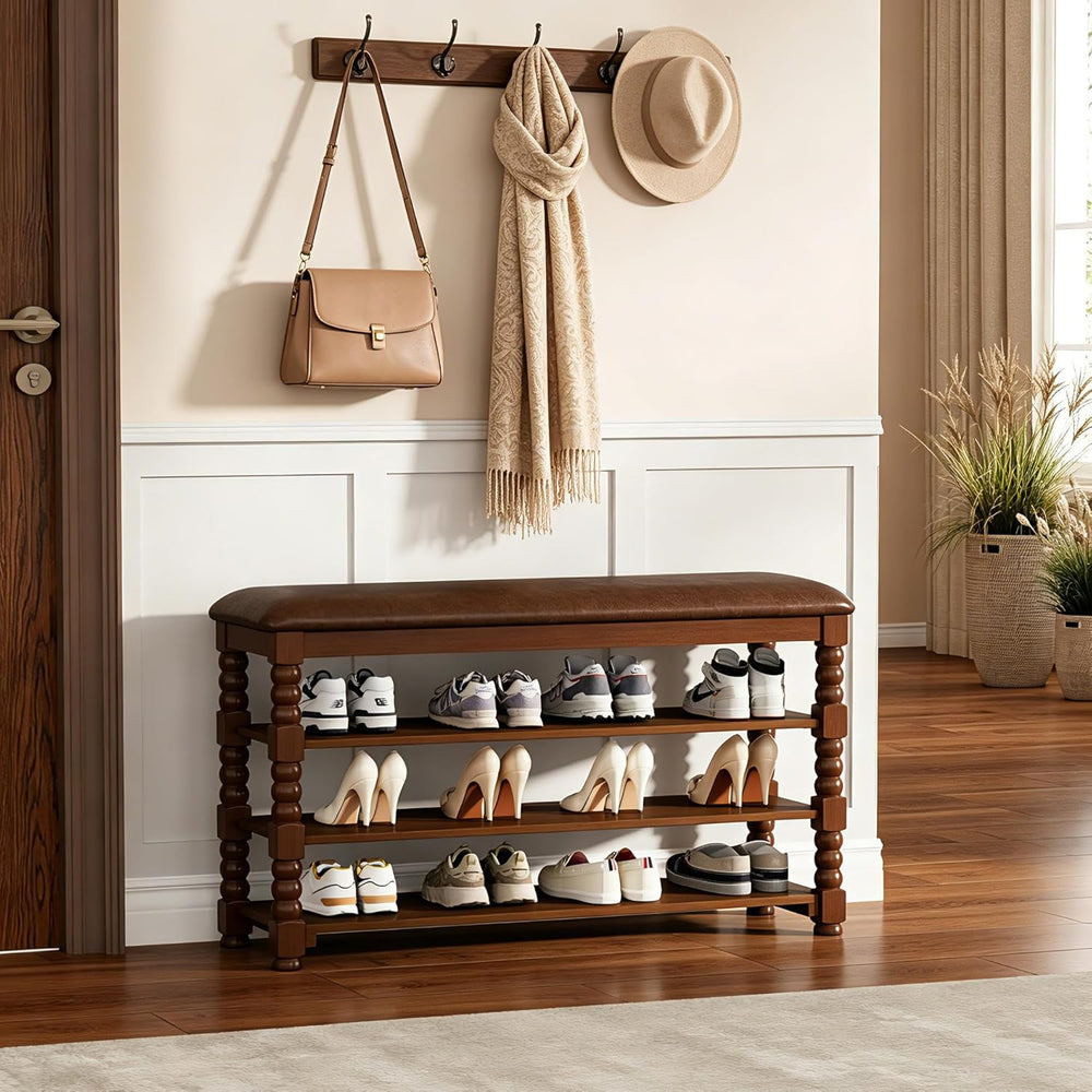 Homleke Solid Wood Shoe Storage Bench with Cushion,Classic Turned Ball Legs |...