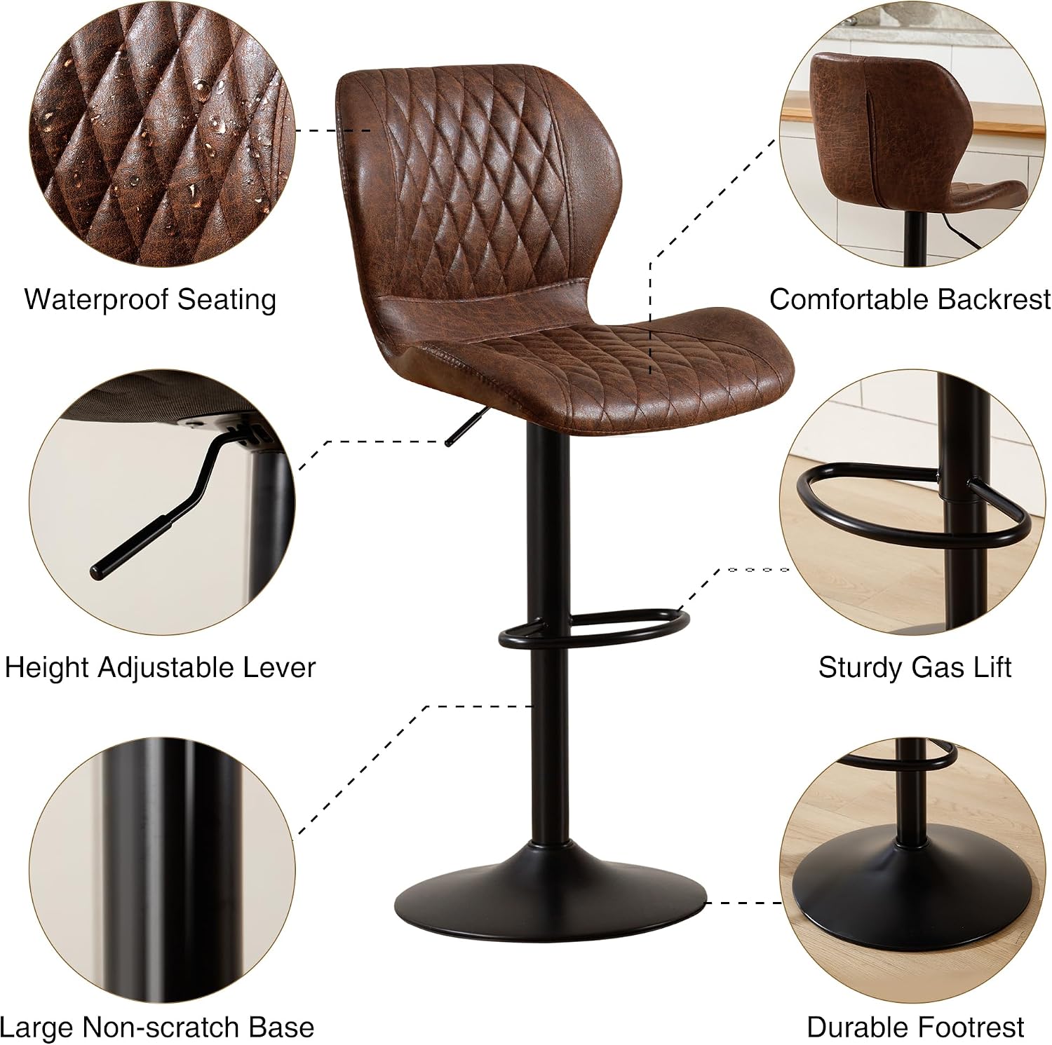 Bar Stools Set of 4, Modern Swivel Counter Height Barstools for Kitchen Island Chairs, Adjustable Fabric Bar Stools with Back for Kitchen Counter Bar, Brown