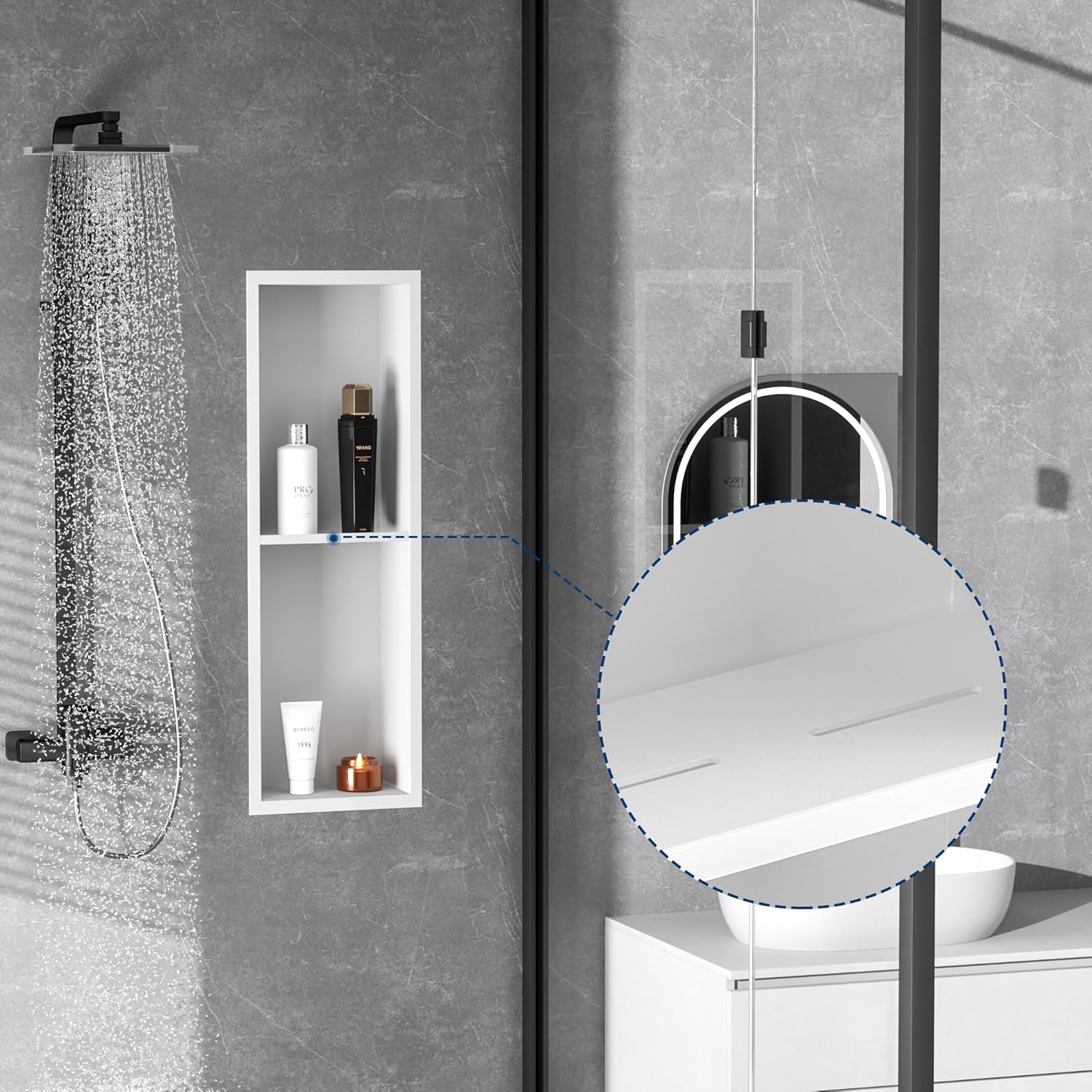 Stainless Steel Shower Niche 24" X 8", No Tile Needed Wall Niche Double Shelves, Recessed Shower Shelf for Bathroom Storage, Matte White