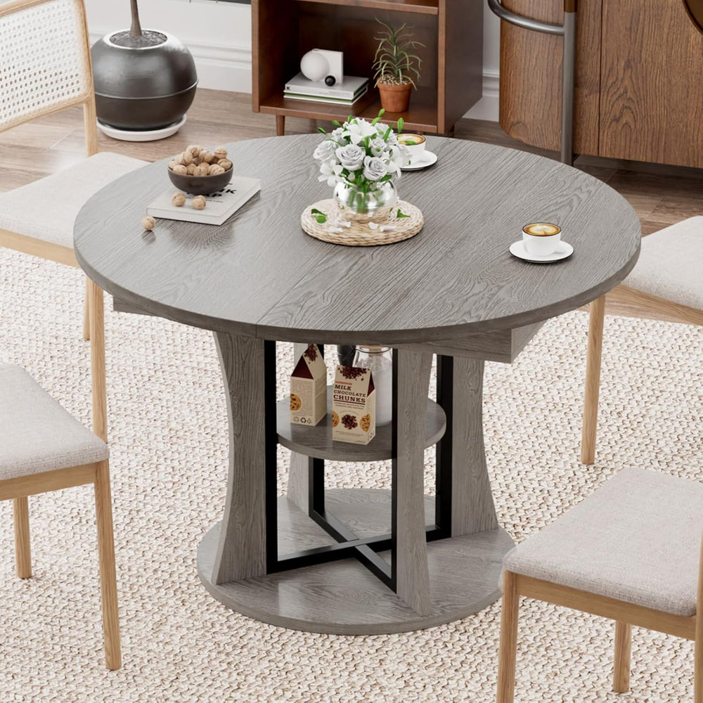 Extendable Round Dining Table for 4-6-8, 43.3-59in Expandable Kitchen Table w...