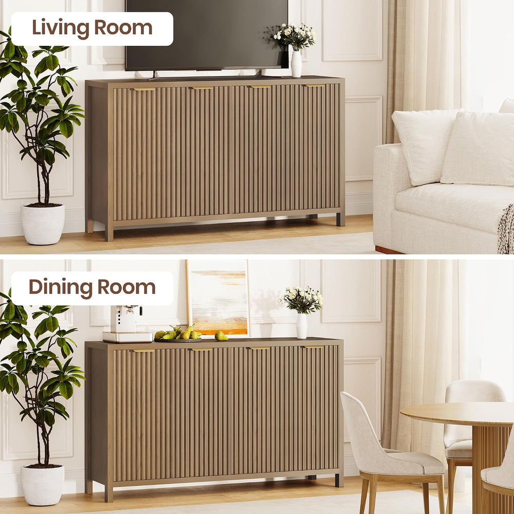 Fluted Buffet Cabinet with Storage, 55" Sideboard Cabinet with 4 Doors, ...