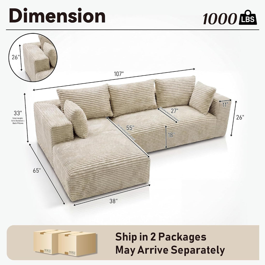 107" L-Shaped Boneless Sectional Sofa with Left-Facing Chaise, Beige | Deep-seat corduroy cloud couch with a modular boneless design and no assembly required for easy, comfortable lounging.
