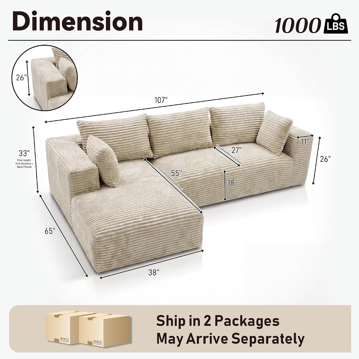 107" L-Shaped Boneless Sectional Sofa with Left-Facing Chaise, Beige | Deep-seat corduroy cloud couch with a modular boneless design and no assembly required for easy, comfortable lounging.