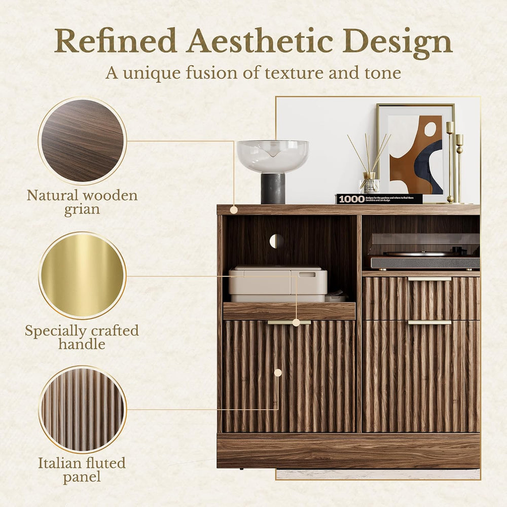 3 Drawer File Cabinet, Fluted Wood Lateral Filing Cabinet with Charging Stati...