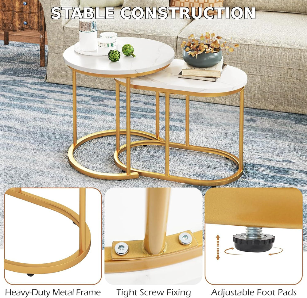 CASART Set of 2 Nesting Tables, Faux Marble Stacking Sofa Side Tables 2PCS Ro...