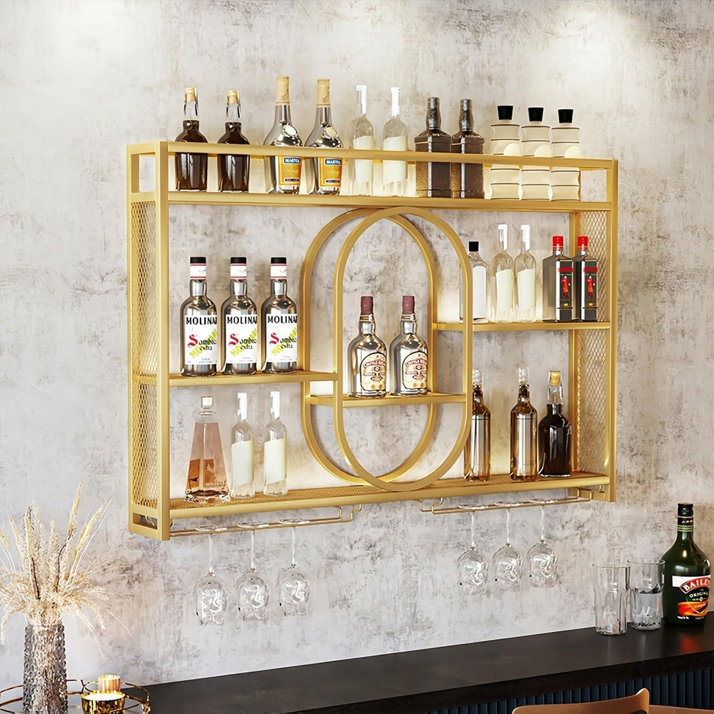 47" Upgrade Metal Wall Mounted Wine Rack, 3 Tier Bar Shelves with Glass ...