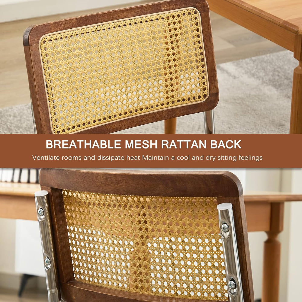 Rattan Back Linen Dining Chair Set of 4 Modern Stainless Chrome Base Armless ...