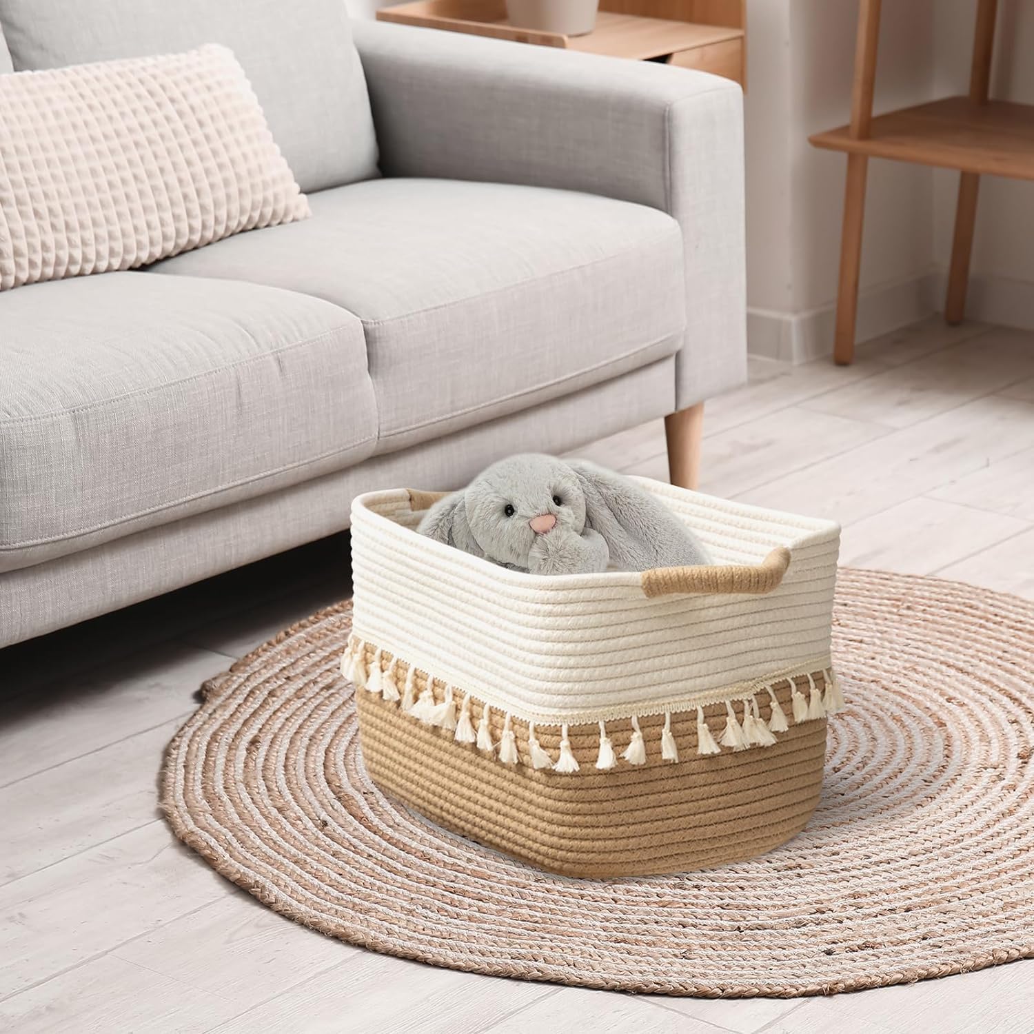 TeoKJ 2 Pack Woven Storage Bin, Cotton Rope Basket for Storage, Clothes Boho Basket Bin for Organizing, Fabric Basket for Books, Plants, Pet Treats, White & Jute