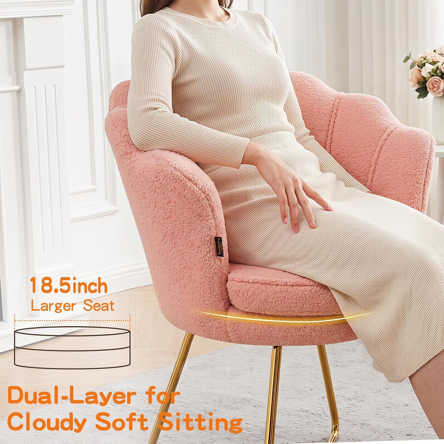 Furniliving Vanity Chair with Back, Upholstered Accent Chair for Living Room, Makeup Chair for Bedroom Sherpa ArmChairs Home Office Desk Chair with Gold Metal Legs (Pink)