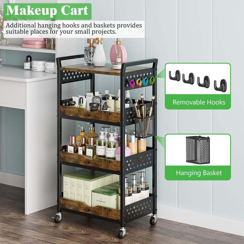 4 Tier Rolling Storage Utility Snack Cart on Wheels | durable metal and wood frame, suitable for kitchen bathroom pantry vanity bedroom living room dorm, no shake, move smoothly