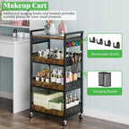 4 Tier Rolling Storage Utility Snack Cart on Wheels | durable metal and wood frame, suitable for kitchen bathroom pantry vanity bedroom living room dorm, no shake, move smoothly