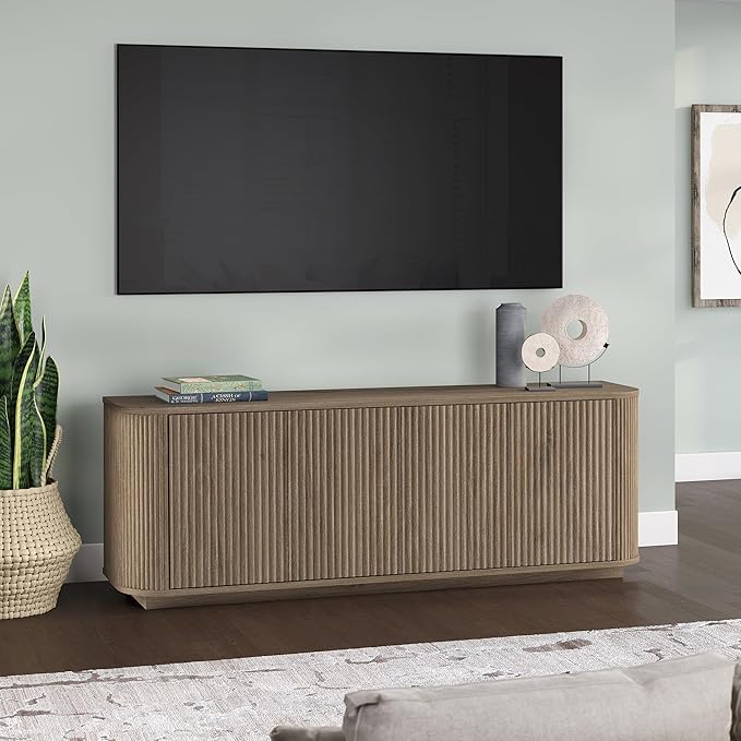 Henn&Hart Fluted TV Stand for TVs up to 75" with 2 Storage Cabinets with an Adjustable Shelf for Living Room, Family Room, or Office, Weathered Gray