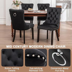Kiztir Velvet Dining Chairs Set of 4, Upholstered Dining Room Chairs with Ring Pull Trim and Button Back, Luxury Tufted Dining Chairs for Living Room, Bedroom, Kitchen (Black)