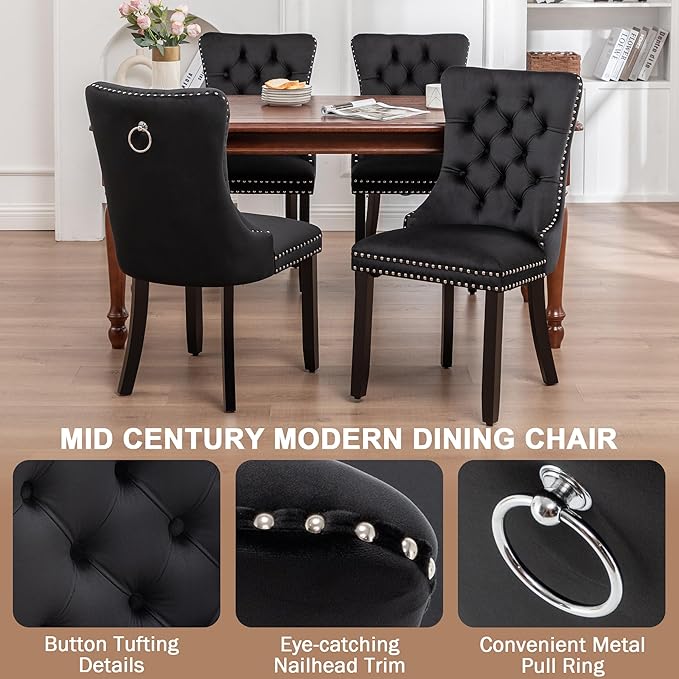 Kiztir Velvet Dining Chairs Set of 4, Upholstered Dining Room Chairs with Ring Pull Trim and Button Back, Luxury Tufted Dining Chairs for Living Room, Bedroom, Kitchen (Black)