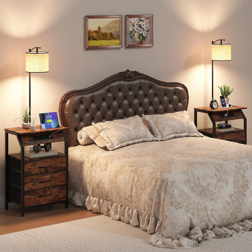 End Table with Floor Lamp Set of 2, Nightstand with Charging Station, Floor L...