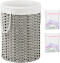 Laundry Basket Round Rattan Laundry Hamper 29.1 Gal (110 L) Handwoven Large Wicker Basket with Handles, Wicker Hamper with Removable Bags and 2 Mesh Bags for Bathroom Living Room Gray
