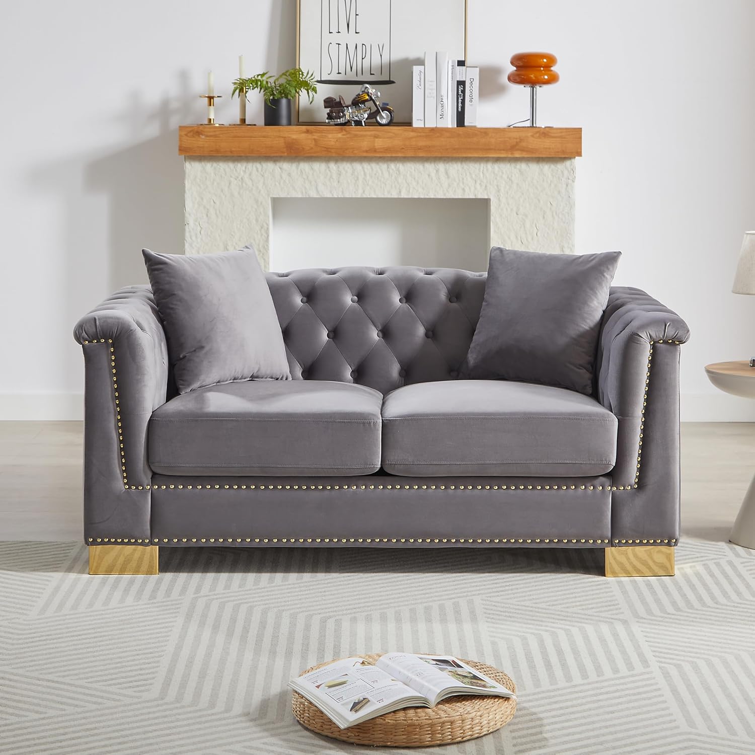 Harper & Bright Designs 62" Chesterfield Sofa Velvet Two-Seater, Modern Classic Rolled Arm Button Tufted Sofa with Nailhead Decor, Cloud Couch Loveseat for Living Room, Apartment (Grey)