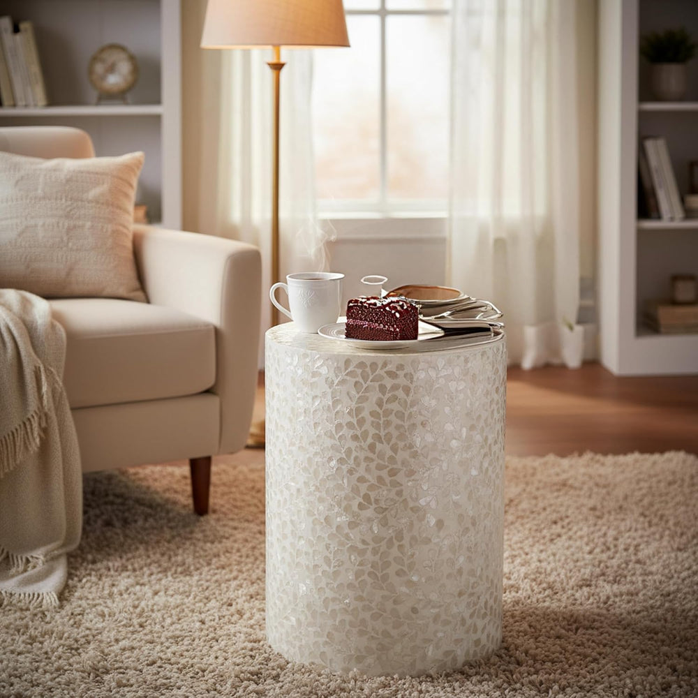 PEMAR Capiz Shell Cylinder Drum End Table Nacre Side Table Stool Accent Coffe...
