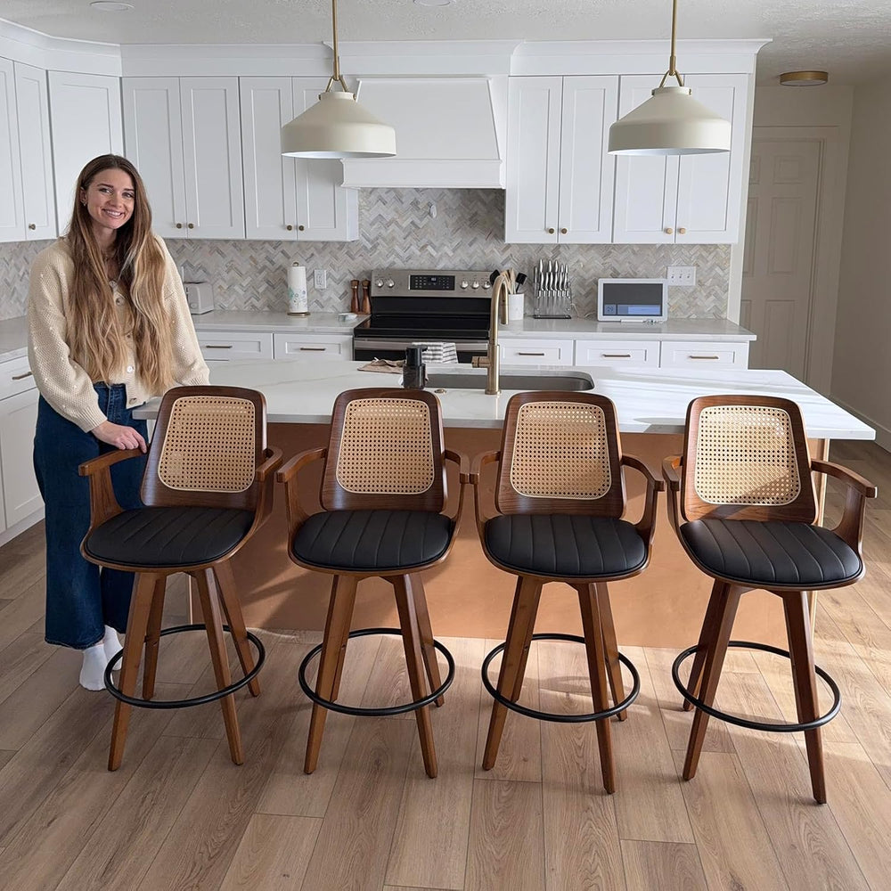 Mid Century Bar Stools, Rattan Bar Height Barstools with Curved Cane Back