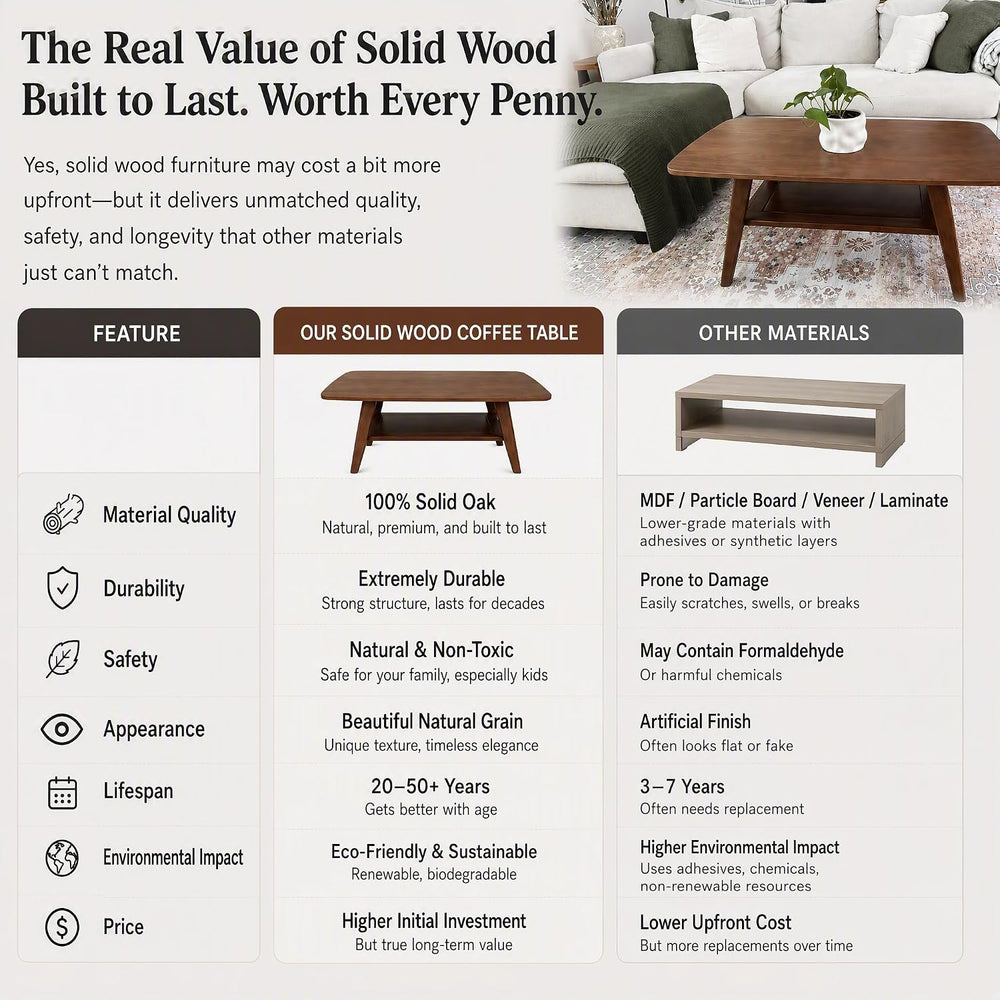 100% Solid Wood Coffee Table for Living Room, 31.5" Small Tables with Sh...
