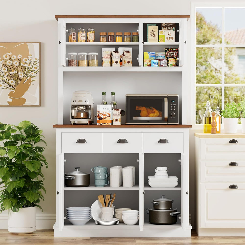 71" Kitchen Hutch with Charging Station, Tall Pantry Storage Cabinet wit...