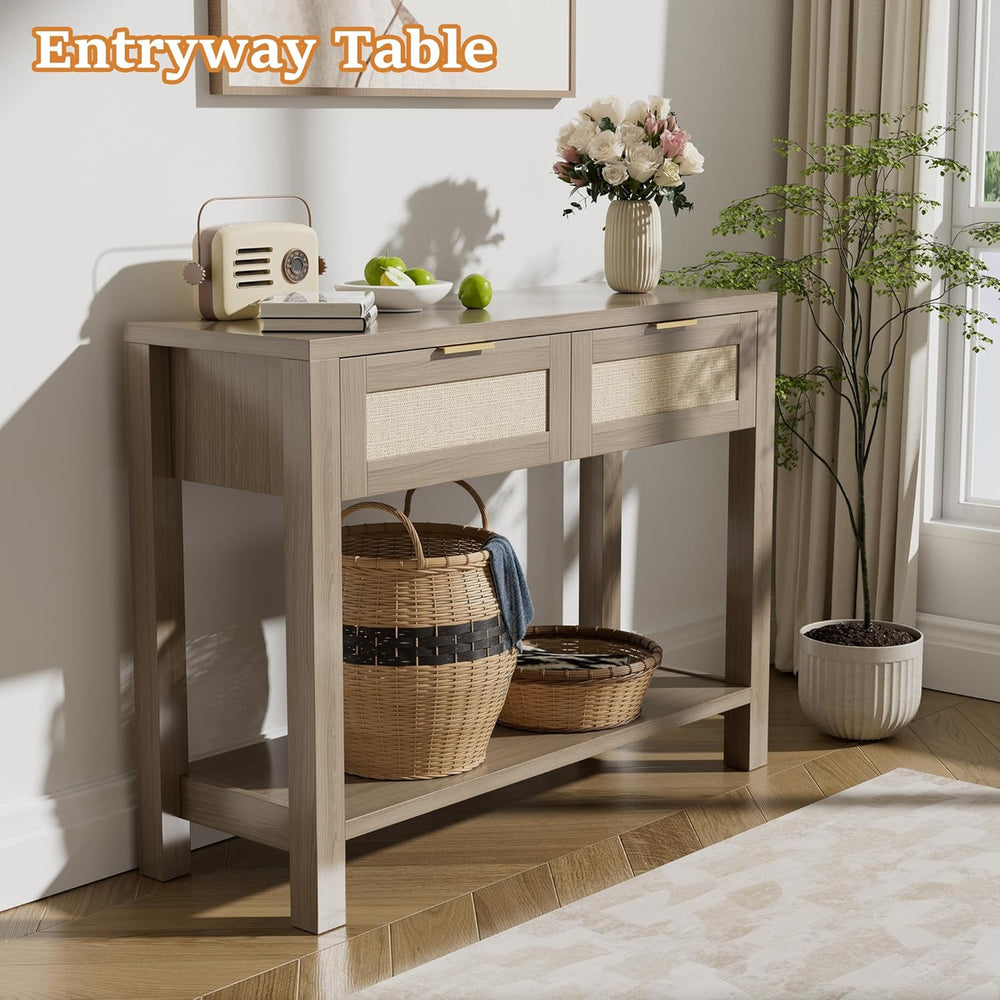 Boho Chic Console Table with 2 Rattan Drawers and Open Shelf Storage, Narrow ...
