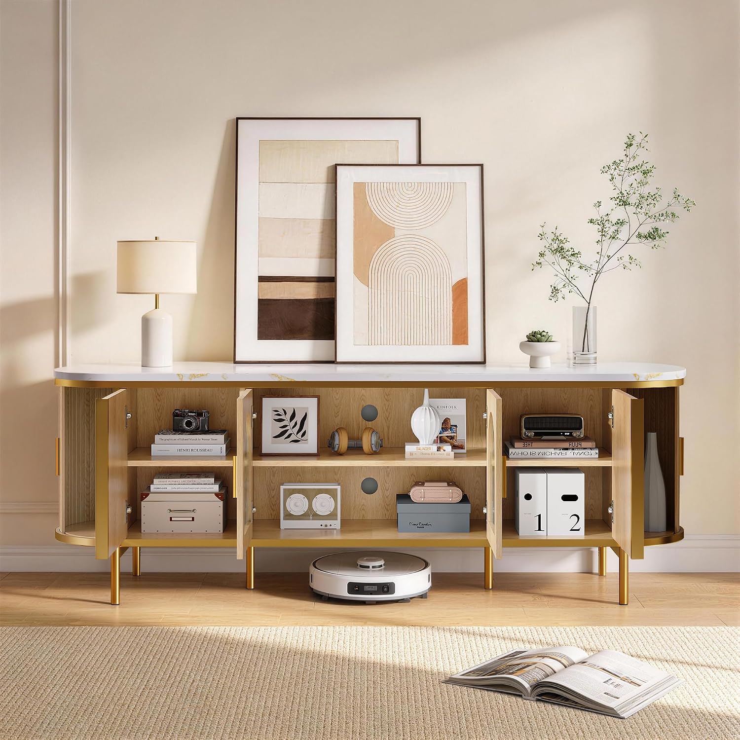 MXV 70" Fluted TV Stand for TVs up to 80", Mid Century Modern Entertainment Center with Sliding Doors & Glass Door, TV Console Table with Faux Marble Top for Living Room, Oak