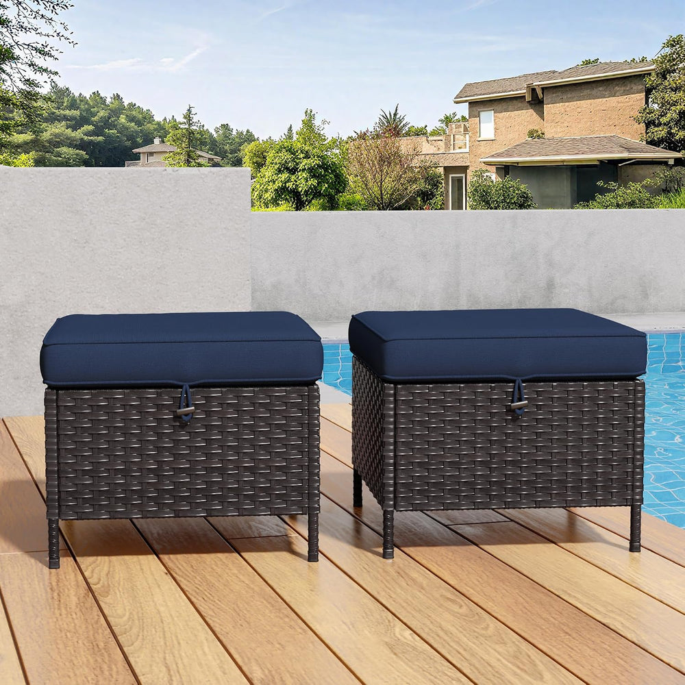 Patio Wicker Ottomans with Removable and Washable Covers, PE Rattan Outdoor F...