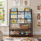 VECELO Kids Front Facing Book Shelf, 2 Tier Toddler Book Display Storage Rack, Metal Wood Freestanding Children Bookcase with Toy Organizer Bin Space for Nursery Playroom Bedroom Daycare