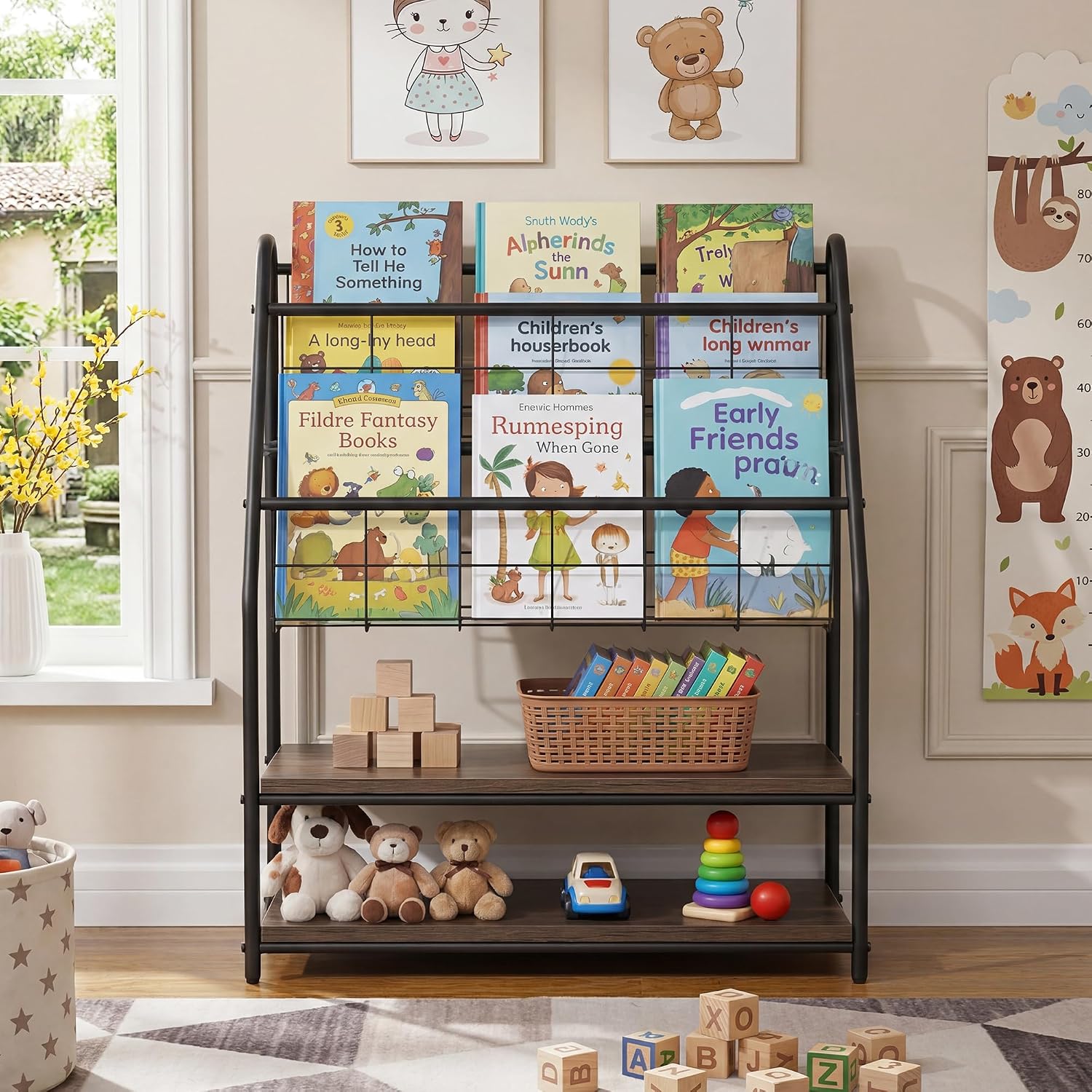 VECELO Kids Front Facing Book Shelf, 2 Tier Toddler Book Display Storage Rack, Metal Wood Freestanding Children Bookcase with Toy Organizer Bin Space for Nursery Playroom Bedroom Daycare