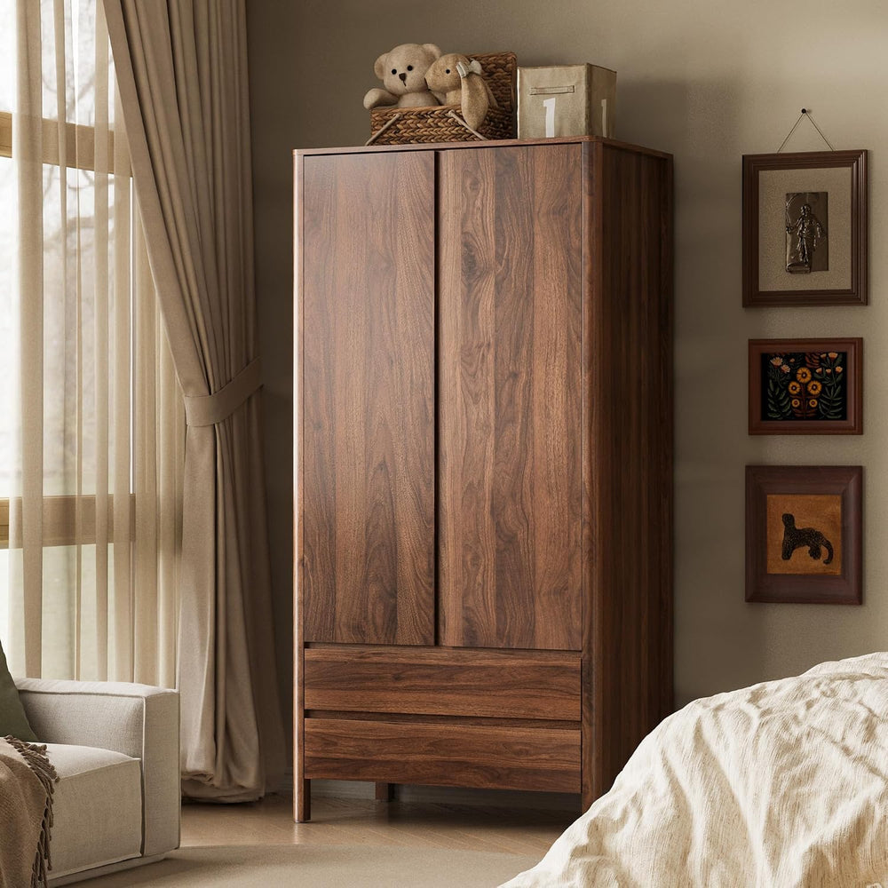 MAISONARIA Wardrobe with 2 Doors and 2 Drawers, 70.9”H Modern Walnut Bedroom ...
