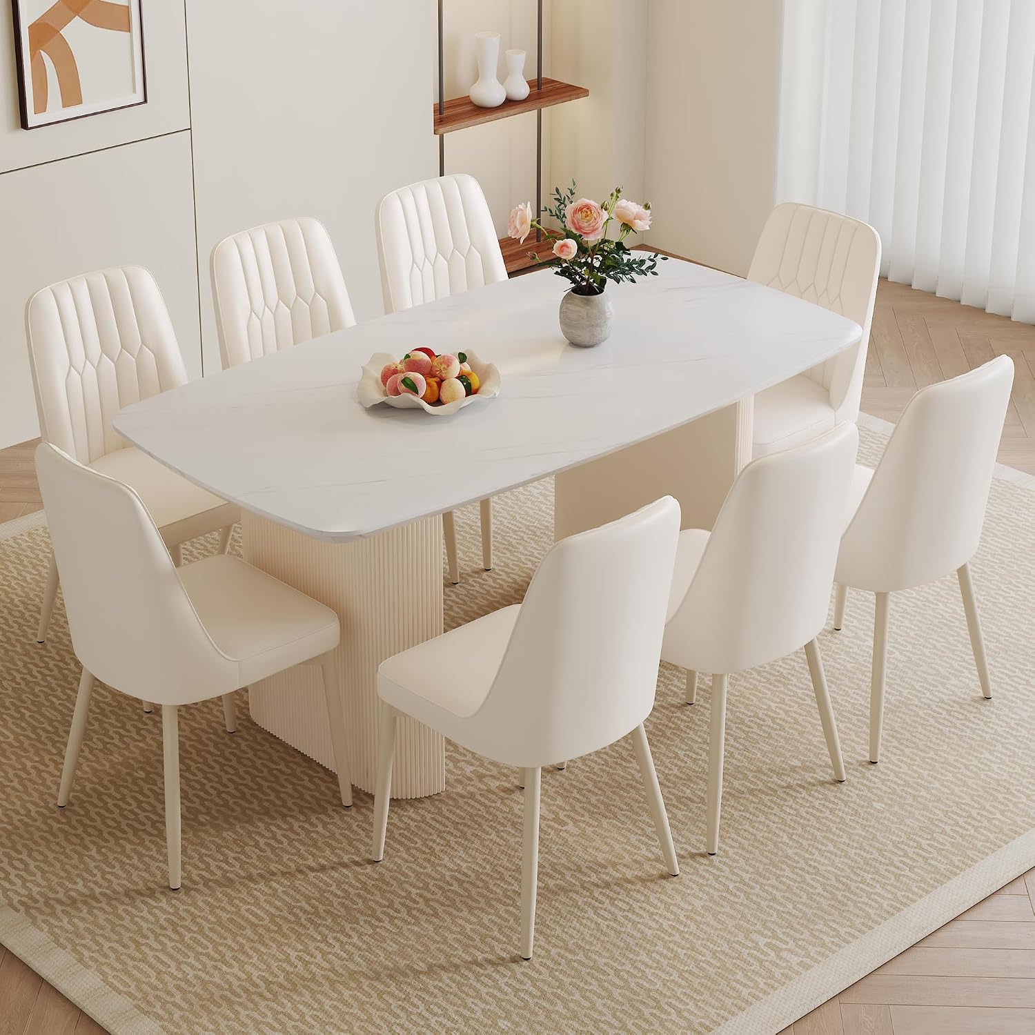 Ebullient 67" White Dining Table Set for 8, 9 Piece Kitchen Table & Chairs | Marble-Look Top, Ripple Pedestal Base, 8 Cream White Chairs; Easy 4-Screw Setup; Easy-Clean Surface for Family Dining at Home