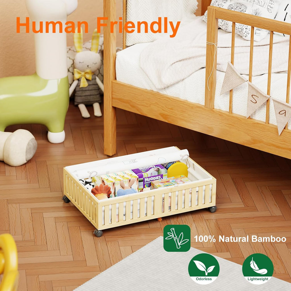 Bamboo Under Bed Storage Containers with Wheels, 40L UnderBed Drawers with Dust Bag, Breathable Under Bed Shoe Storage, Rolling UnderBed Clothes Storage, 2Pack