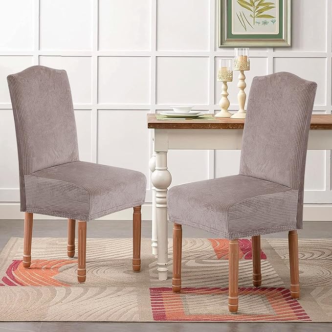 H.VERSAILTEX Velvet Dining Chair Covers Stretch Chair Covers for Dining Room Set of 2 Parson Chair Slipcovers Chair Protectors Covers Dining, Soft Thick Solid Velvet Fabric Washable, Taupe Striped
