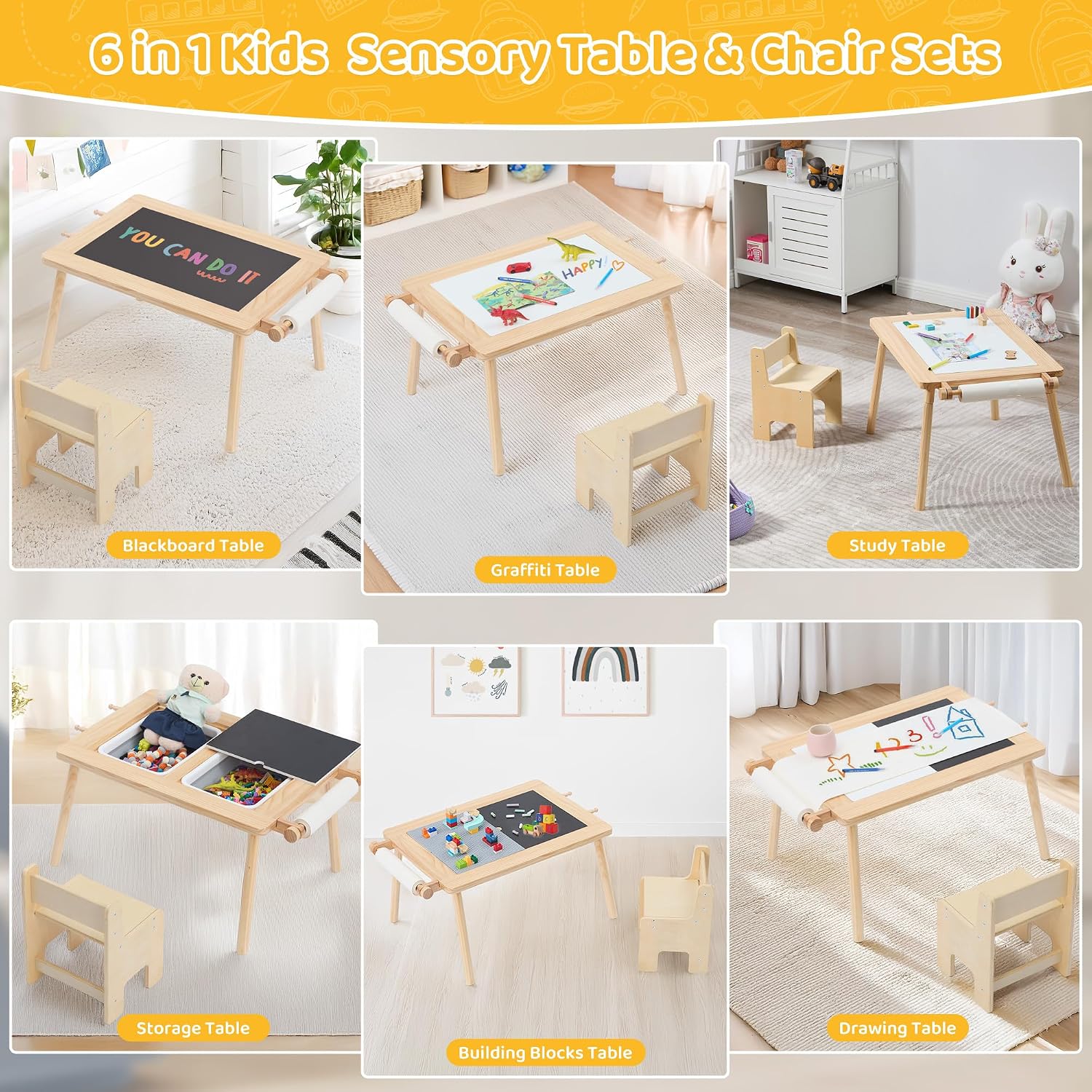 DOREROOM Sensory Toddler Table & Chair Set, Double-Side Graffiti, Natural | 2 Storage Bins & Roller holder, Sand & Water Tables with Building Block Base, For Playroom, Daycare, Classroom, Home, Ages 3+