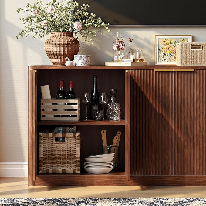 Evermagin 67" Walnut Fluted TV Stand for TVs up tp 75", Mid-Century Modern Entertainment Center with Storage Cabinets and Fluted Doors, Wood Media TV Consoles for Living Room and Bedroom Furniture