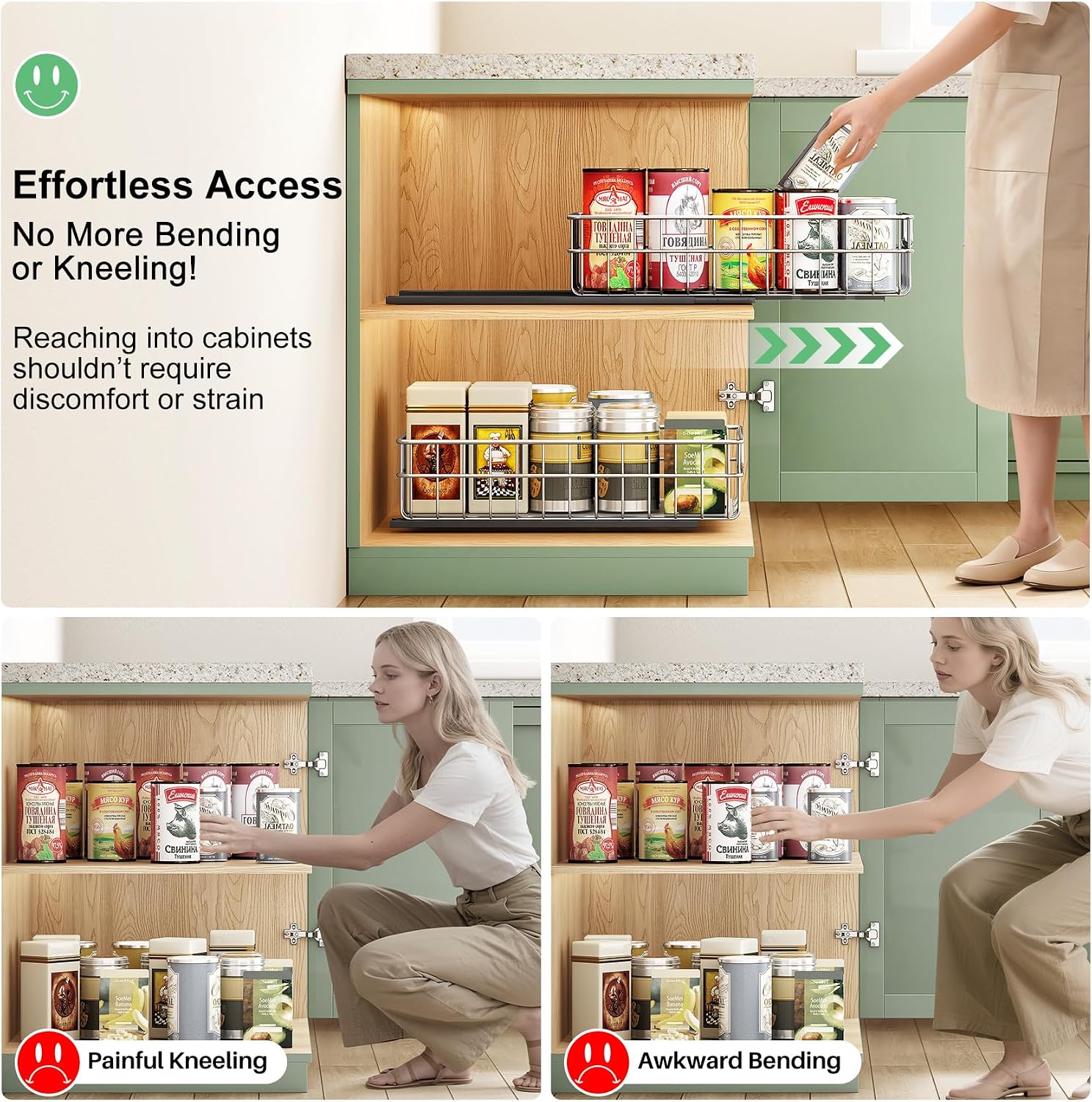 Pull out Cabinet Organizer, Stainless Steel 2-Pack Slide out Drawer with Silent Full-Extension Slides, Adhesive Roll out Can Spice Storage Basket Shelf Rack for Pantry, Kitchen, Bathroom, Home Closet